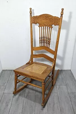 Antique Victorian Pressed Back Carved Oak Wood Rocking Chair Cane Seat Rocker • $315