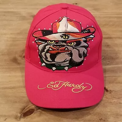 Ed Hardy Hat Cap Strap Back Red Bulldog One Size Adjustable Bling Rhinestones • $36.95