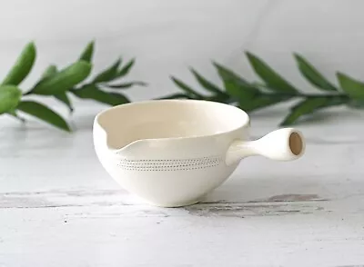 Handmade Ceramic Striped White Matcha Bowl With Spout And Handle • $54.99