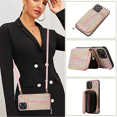 For Various Phone Weaving Wallet Case Card Bag Cover +Crossbody Strap Women Hot • $12.73