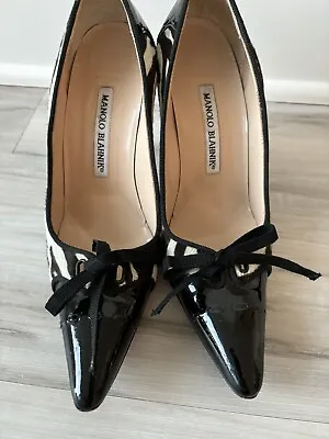 Manolo Blahnik Zebra Pony Hair Black Patent Leather Pump Size 36 • $75