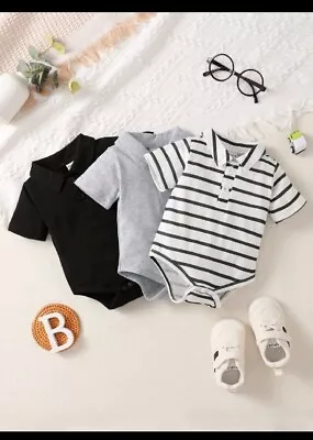 Baby 3pcs Striped Polo Neck Bodysuit 1-3 Months • £21.99