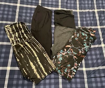 Maternity Leggings With Belly Band Lot Of 4 XL Black Floral Striped Solid • $8