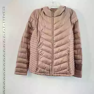 Calvin Klein Beige Full Zip Hooded Down Winter Puffer Coat Jacket Womens M • $50