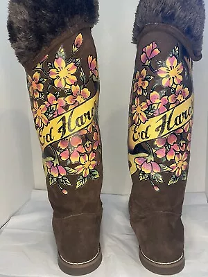 Ed Hardy Brown Graphic Flower Design  Faux Fur Boots Size 8 • $95