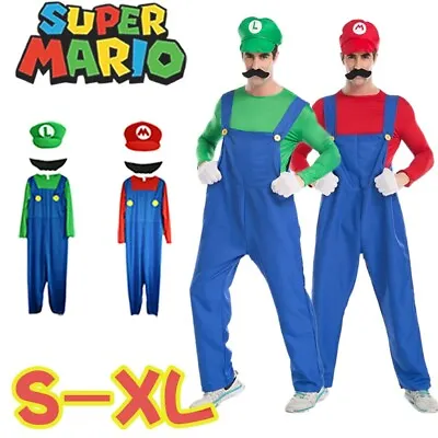 Mens Adult Super Mario And Luigi Fancy Dress Plumber Bros Theme Party Costume • £16.62