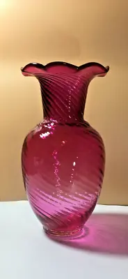 Vtg 11  Tall Optic Swirl Ribbed Cranberry Pink Glass Hand Blown Pontil Flare Top • $45