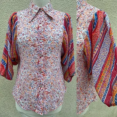 £29.99 • Buy VINTAGE 70’s FINE  FLOATY SHEER VOILE BATWING TOP SHIRT Paisley PRINT M 12