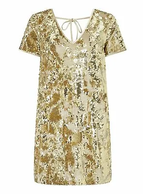 Brand New Ex Miss Selfridge Gold Sequin Velour Sparkly Short Sleeve T-Shirt Dres • $18.59