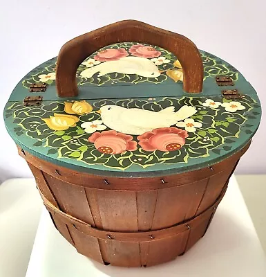 Vintage Hand Painted Birds & Flowers Handled Lid On Old Wood Slat Bushel Basket • $32