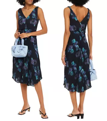 VINCE Painted Blooms Floral Tie Waist Crinkle-Textured  Midi Dress Navy  M  $445 • $199.99