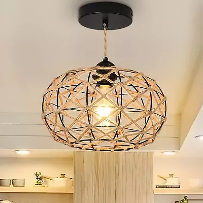 $39.99 • Buy Rattan Pendant Light Wicker Chandelier Hanging Fixture Boho Hemp Bedroom Kitchen