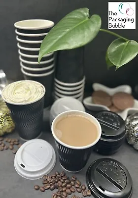 Disposable Kraft Ripple Cups Black White Triple Wall Paper Coffee Cups Lids Bulk • £177.98