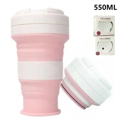 2 Pack 550ml Collapsible Cup Silicone Coffee Cups Portable Travel Mug W/Lid Pink • £13.69