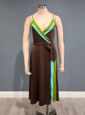 ISAAC MIZRAHI For Target Brown Blue Green Retro Wrap Midi Dress S • $24.99