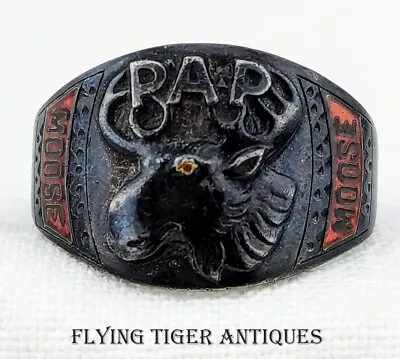 Wonderful 1920's Loyal Order Of Moose Ring In Enameled Sterling Size 11 • $335