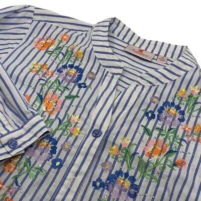 Quacker Factory 3/4 Sleeve Tunic/Shirt Blue White Striped Embroidered M • $24.95