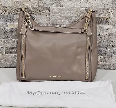 Michael Kors Matilda Shoulder Bag Taupe Leather Hobo Purse Chain Strap Dust Bag • $64.99