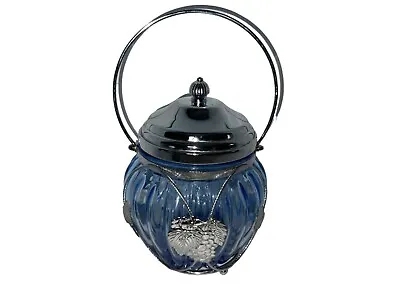 Vintage Ribbed Blue Glass Cookie Jar W/Music Box Lid & Grape Vine Metal Holder • $50