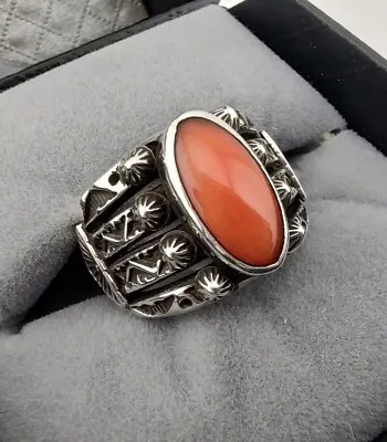 Andy Cadman Navajo Handmade Sterling Silver Coral Ring Sz 8 • $285