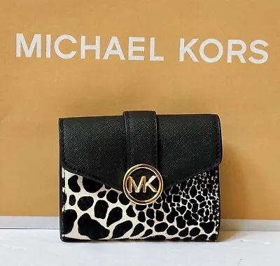 Michael Kors Carmen Flap Bifold Wallet Black Multi Exotic Print Haircalf • $56