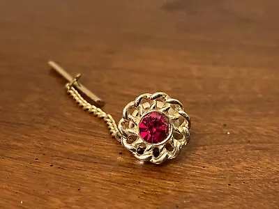 $9.90 • Buy Tie Tack With Chain Red Rivoli Glass Vintage Tie Pin