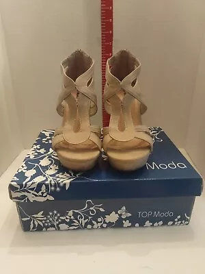 Top Moda Women's Beige Open Toe Strap Wedge Heel Platform Sandal Shoes Size 8 • $19.95