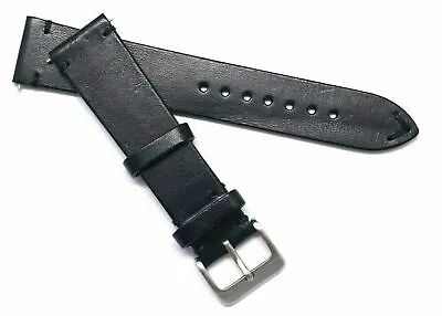 20mm Black Genuine Leather Classic Style Watch Band Handmade Silver Tone Buckle • $15.15