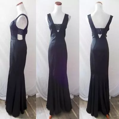 $34.99 • Buy NEW BLACK Ribbed TEXTURED Plunge Neck LACE Panel CUT OUT Evening MERMAID GOWN S