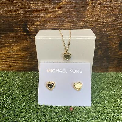 Michael Kors Gold Tone Heritage Heart Crystals Necklace And Ear Rings Gift Boxed • £69.99