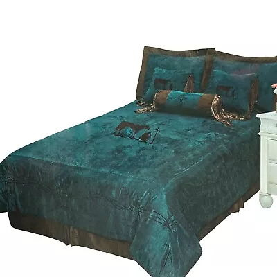 Western Embroidery Praying Cowboy Cross Comforter 7 Pc Bedding Set Turquoise • $149.99