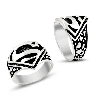 Custom Superman Ring 925 Sterling Silver Super Dad  Men Ring Biker Gift For Dad • £66.59