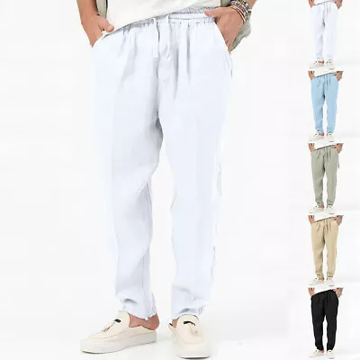 Mens Cotton Linen Loose Pants Casual Draw String Beach Yoga Baggy Long Trousers • $21.33