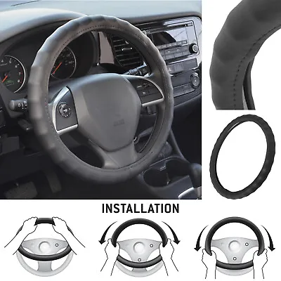 Genuine Leather Steering Wheel Cover For Car SUV Truck Medium 14.5 -15.5  Black • $17.66