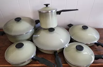 VTG Town House West Bend Green USA Cookware Set Pot/Pan 12 Pieces (6 Pots 6 Lids • $99.95