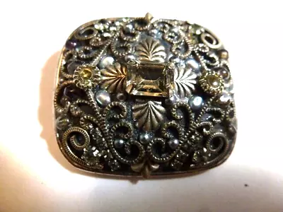 Michal Golan Pin Brooch Pendant Silvertone Crystals Filigree 1.5 By 1.25 Inches • $27