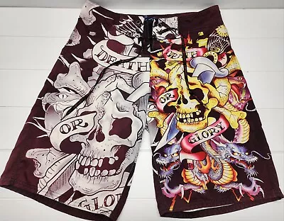 Ed Hardy Mens Board Shorts Surf Or Die Size 34 Swim Trunks Death Glory Skull • $34.75