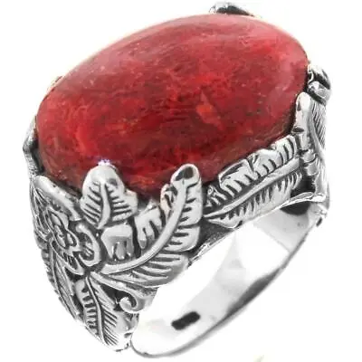 Red Coral Leaf Scrollwork 925 Sterling Silver Ring • $34.95