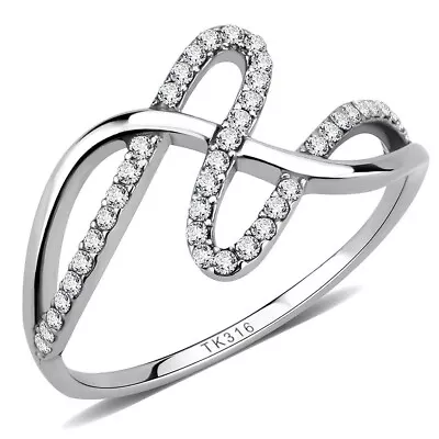 Unique Stainless Steel Wave Shape Design Round Cut CZ Anniversary Ring Sz 5-10 • $57.66