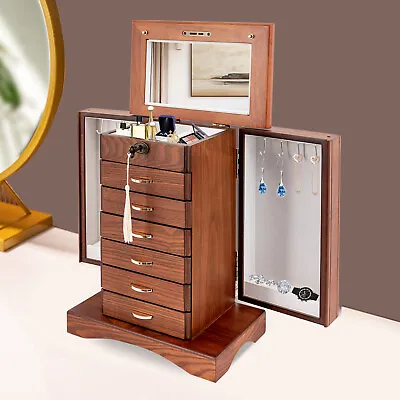7 Layers  Jewelry Box Wooden For Wowen Large Organizer Box With Mirror Safe Lock • $95.01