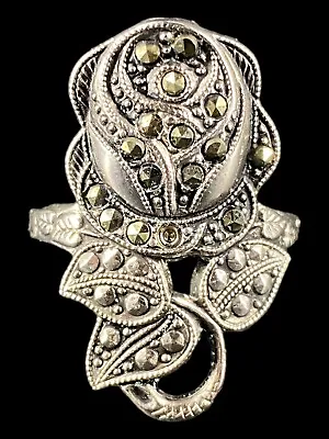 Vintage 925 Sterling Silver Rose Marcasite Ring Size 8 • $24.99