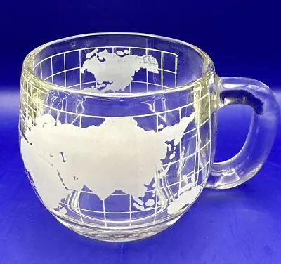 Vintage Nescafe Coffee Cup Mug Clear World Map Globe Etched Glass Nestle 1970's • $9