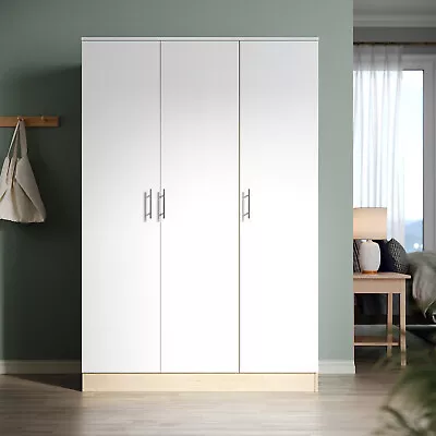 Modern High Gloss 3 Door Triple Wardrobe White & Oak With Hanging Rail & Shelves • £202.08