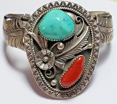 Native American Southwest Al Joe Navajo Silver Cuff Bracelet Turquoise Coral • $22.50