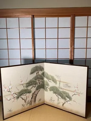 Japanese 2 Panel  Pine Tree & Ume Flower  Folding Screen Byobu Stand • £578.66