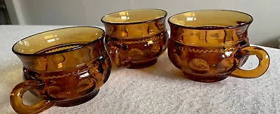 Vintage Indiana Glass Amber Thumbprint Kings Crown Tea Cup Coffee Mug Set Of 3 • $18
