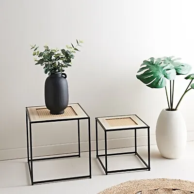 Set Of 2 Coffee Table Wooden Cane Details Top With Black Metal Frame Side Table • £37.99