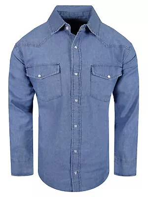 Denim Western Shirt Mens Stone Wash Cotton Stretch Snap Pocket Contrast Stitch • $21.95