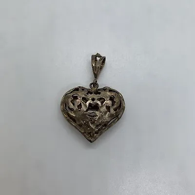 Vintage Sterling Silver Filigree Puffed Heart Pendant • $15.99