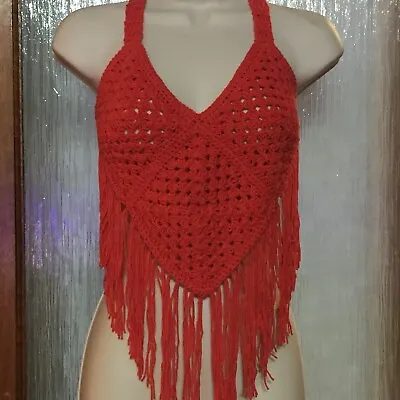 £10 • Buy ❤️Handmade Red Crochet Halter Neck Fringe Crop Top. Size 6/8 Festival Gypsy Boho